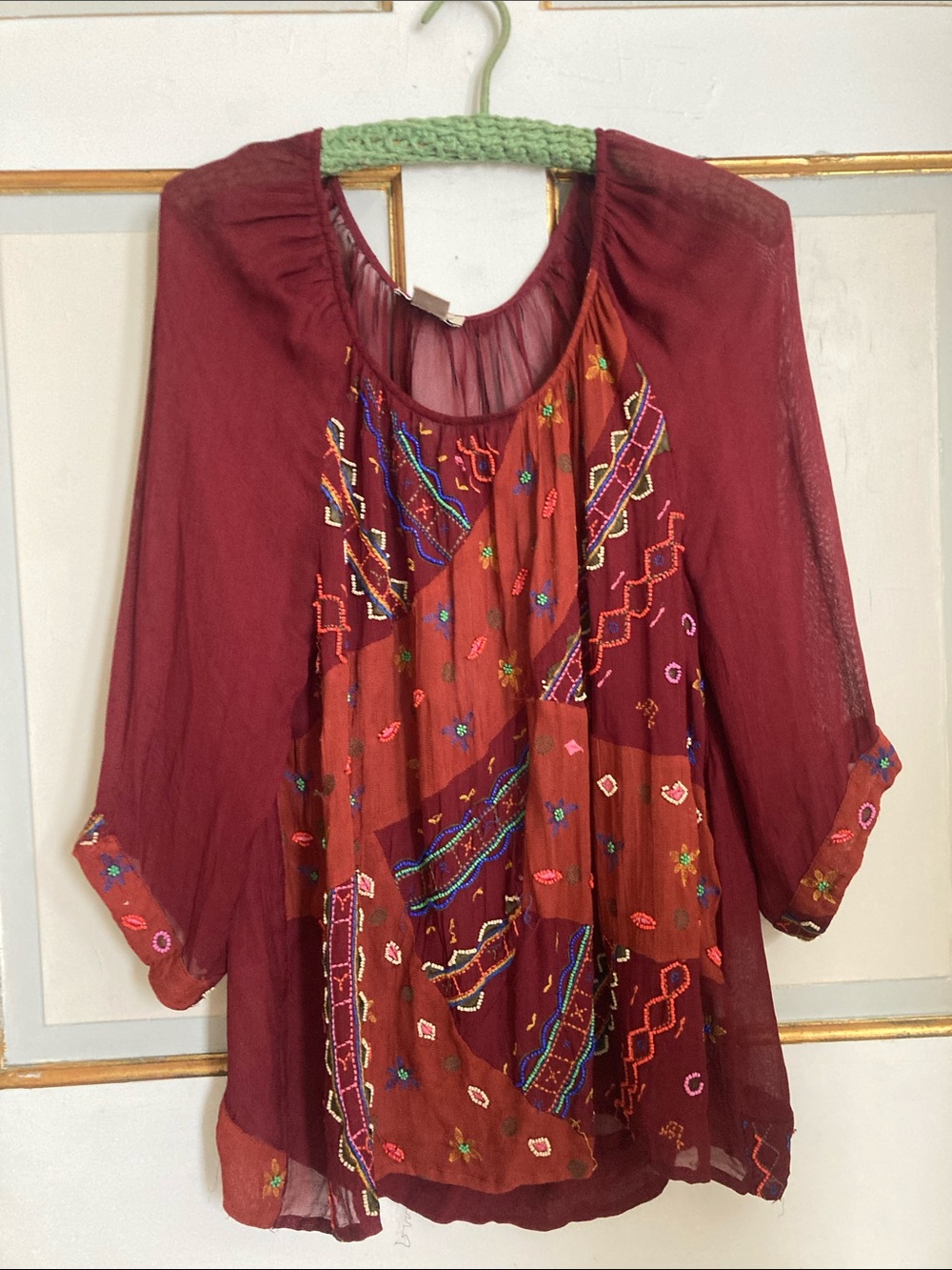 Lucky Brand Burgundy Embroidered Boho Blouse
